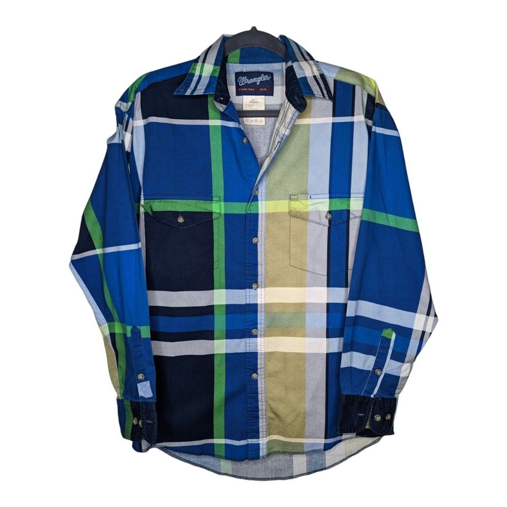 Wrangler X-Long Tails Mens 33/15 Plaid Button Down Long Sleeve Shirt‎ Blue Black